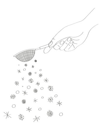 Hand holding a strainer and sieving powered sugar in snowflakes. One line drawing in black, vector illustration for winter, christmas card.のイラスト素材