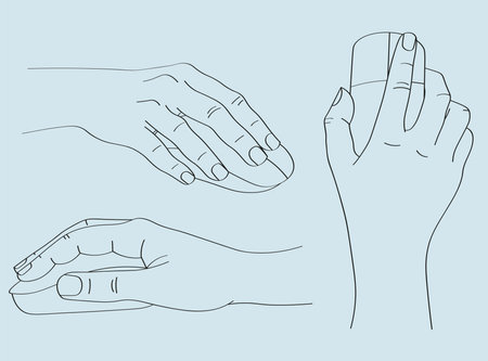 Vector illustration of human hands clicking on computer mouse from above and side. One line drawing, doodle. Isolated on blue background.のイラスト素材