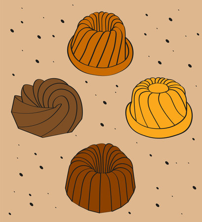 Black outline colored bundt cake vector icon illustration set.のイラスト素材