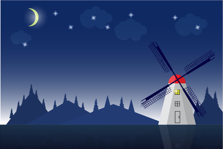 High quality original vector trendy Windmill in mountain landscape illustrationのイラスト素材