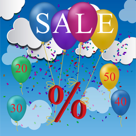 High quality original trendy vector illustration of sale balloon in clouds discount concept can be used for sale, banners, cards, gifts, vouchersのイラスト素材