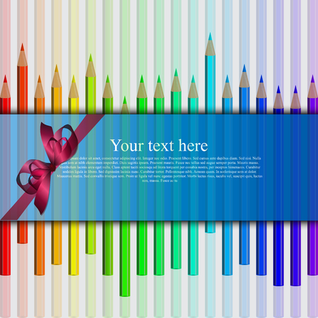 Very high quality original trendy realistic vector set of colored pencils in all rainbow colors with banner, realistic ribbon and place for text can be used for design, banners, poster, flyer, cover, brochure. template,のイラスト素材