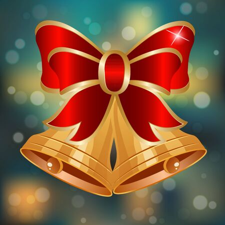 Very high quality original trendy vector golden bells with red ribbon on bokeh backgroundのイラスト素材