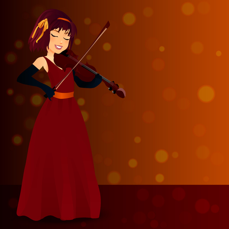 Very high quality original trendy vector glamorous female singer in dress with violin on blured bokeh background full height portrait in red evening dress playing on violin.のイラスト素材