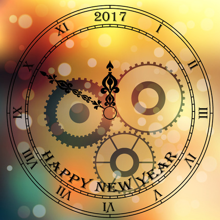 Very high quality original trendy vector antique clock face with roman numbers and vintage pointer isolated on blured boke background, happy new 2017 yearのイラスト素材