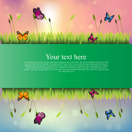 banner with grass and flowersのイラスト素材