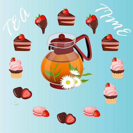 Very high quality original trendy vector illustration of teapot with chamomile tea and strawberry sweetsのイラスト素材