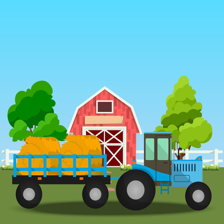 High quality original trendy vector illustration of Farm tractor with wagons full of hay near old Barn and green field with apple tree on backgroundのイラスト素材