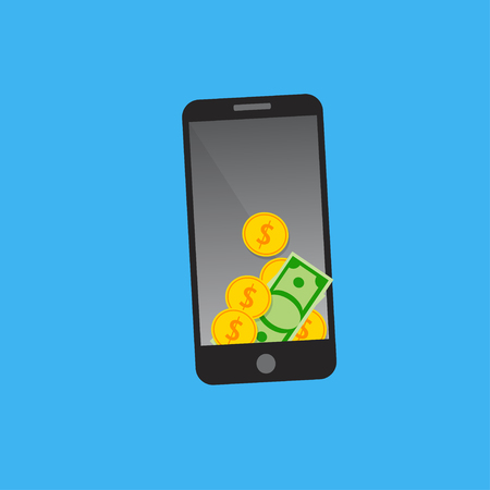 Mobile phone payment concept. Dollars and golden coins on smart phone screen. Mobile transaction or donation.のイラスト素材