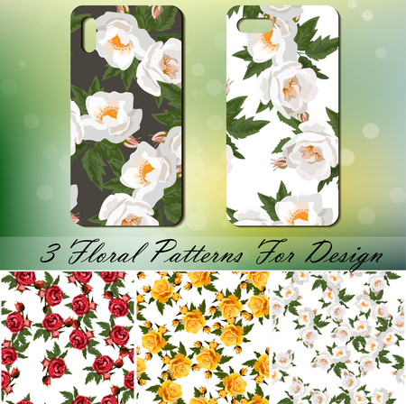 Phone cover or case template with roses. Set of 3 rose patterns for love, background or invitationのイラスト素材