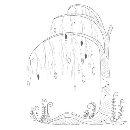 Fairy tree. Decorative element for the design. Decoration. Doodling, handmade. Vector line illustrationのイラスト素材