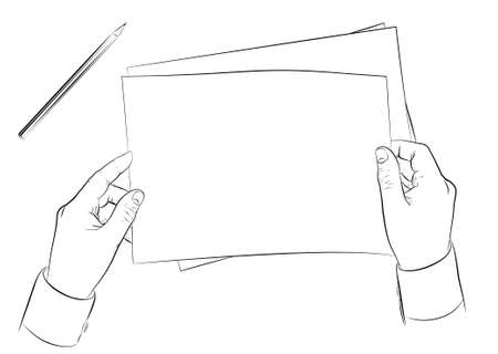 Hands holding sheet of paper. Vector outline illustration.のイラスト素材