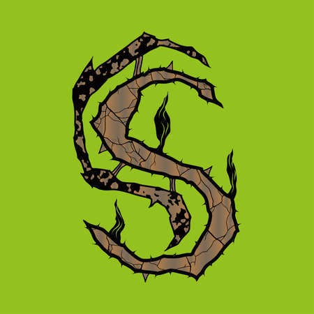 Cracked S letter with spines on green background.のイラスト素材