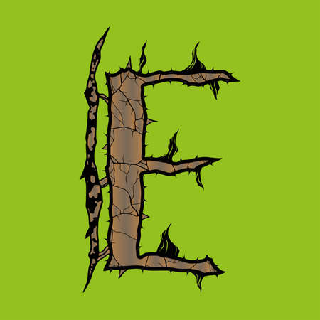 Cracked E letter with spines on green background.のイラスト素材