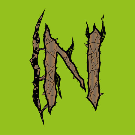 Cracked N letter with spines on green background.のイラスト素材