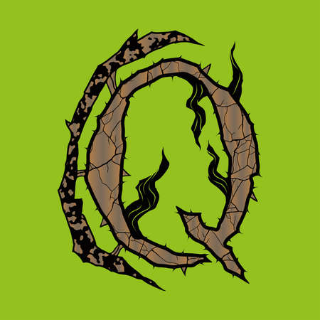 Cracked Q letter with spines on green background.のイラスト素材
