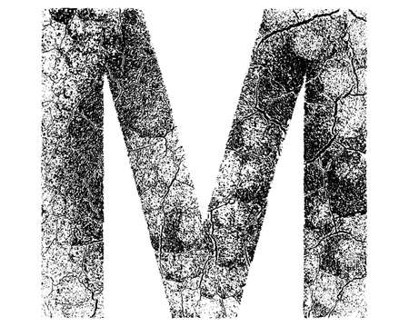 Decorative M letter with cracked surface texture isolated on white background.のイラスト素材