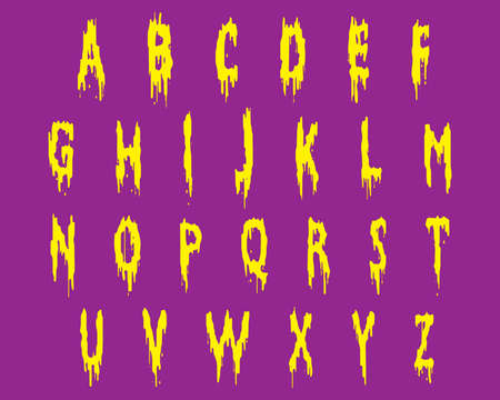 Dripping paint alphabet.Yellow letters on lilac background.Vector illustration.のイラスト素材