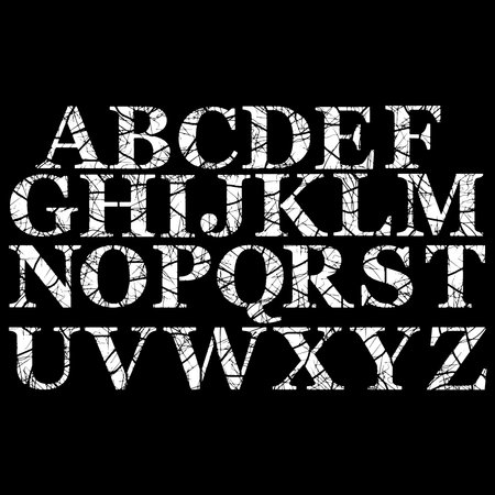 White distressed and cracked alphabet.Scratched font on black background.のイラスト素材