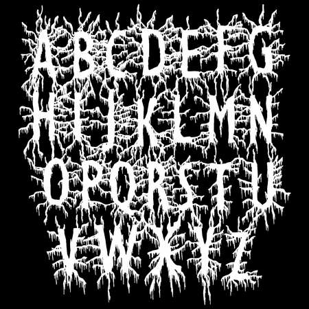 Metal music band font.White smudged and tattered alphabet on black background.のイラスト素材