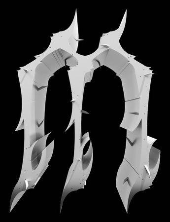 3D rendered illustration.Neo gothic style letter with spines.Monochrome font on black background.の写真素材