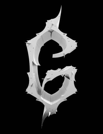 3D rendered illustration.Neo gothic style letter with spines.Monochrome font on black background.の写真素材