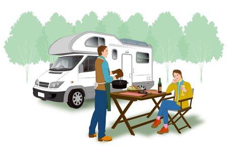 Middle-aged couple and camperの写真素材