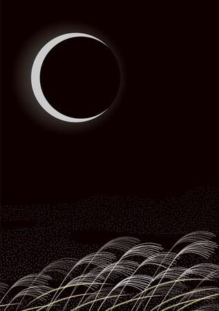 Crescent moon and silver grass. Japanese landscape. Japaneseのイラスト素材