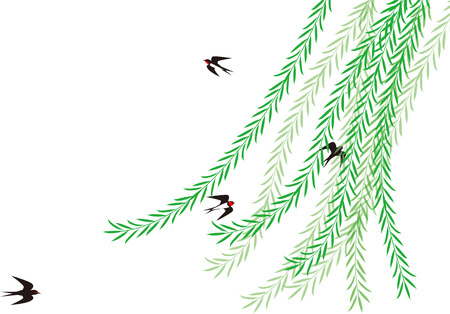 Weeping willow and swallow. Early summer landscape of Japan.のイラスト素材