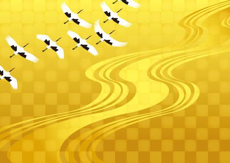 group of cranes and a golden riverのイラスト素材