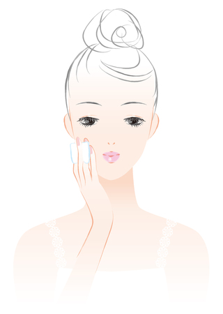 A woman putting lotion on her face. skin careのイラスト素材