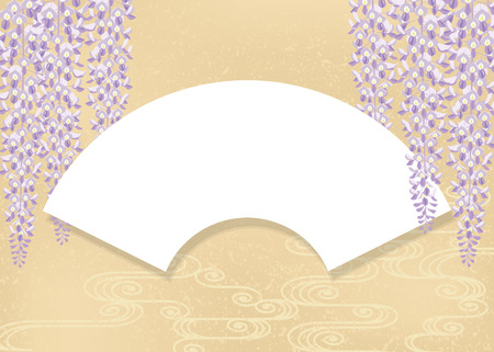 An illustration of wisteria flower, fan and stream water. Japanese style image.のイラスト素材