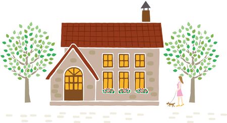 European style house. Woman taking a walk with a dog. Vector material.のイラスト素材