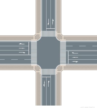 An image of a left-hand traffic intersection. Vector material.