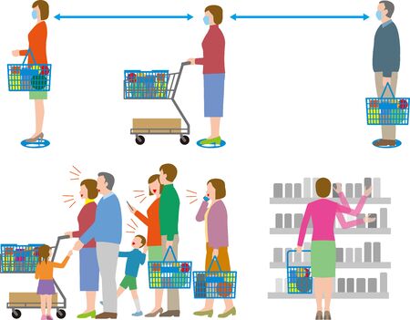 Infection prevention. Supermarket social distanceのイラスト素材