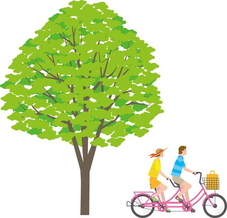 Couple riding a tandem bicycle under the treeのイラスト素材