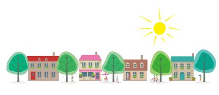 Summer cityscape and people walkingのイラスト素材