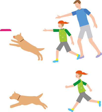 Dog and parent and child playing with flying discのイラスト素材