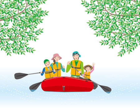 A family of four enjoying a river cruise on an inflatable boatのイラスト素材