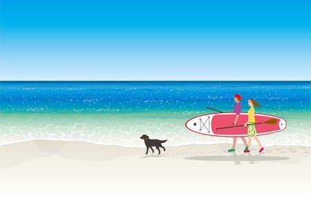 Couple carrying tropical sea and stand-up paddle boatsのイラスト素材