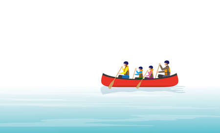 A family of four rowing a canoeのイラスト素材