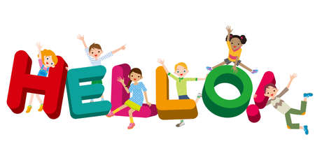 Hello alphabet and multiracial elementary school students