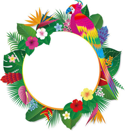 Fancy bird frame with tropical flowers and leaves and parrots. Vector illustrationのイラスト素材