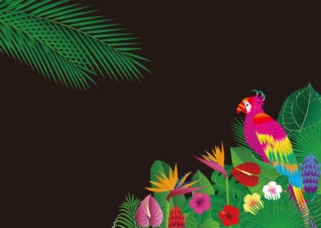 Fancy bird background with tropical flowers and leaves and parrots. Vector illustrationのイラスト素材