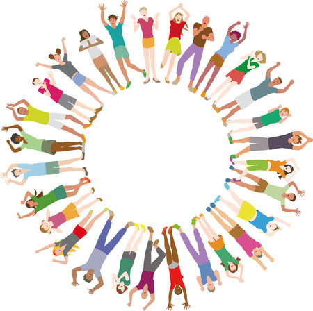 Young people in a circle of rejoicing. Vector illustration of images of peace, future and cooperationのイラスト素材