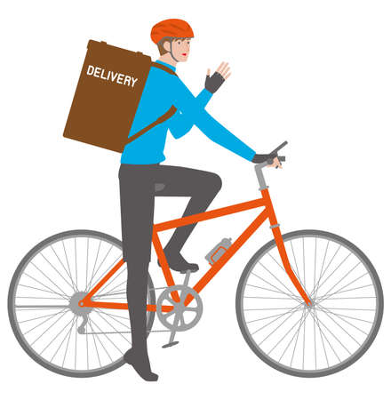 Illustration of a delivery young man riding a bicycle to say helloのイラスト素材