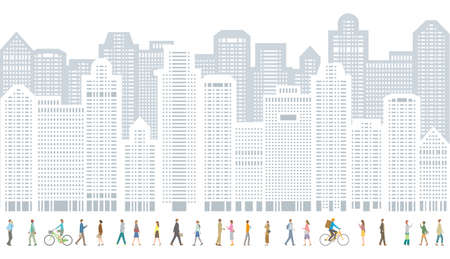 Sideways illustration of skyscrapers and pedestrians such as office workers and young peopleのイラスト素材