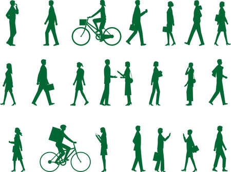 Sideways silhouette illustration of pedestrians such as office workers and young peopleのイラスト素材
