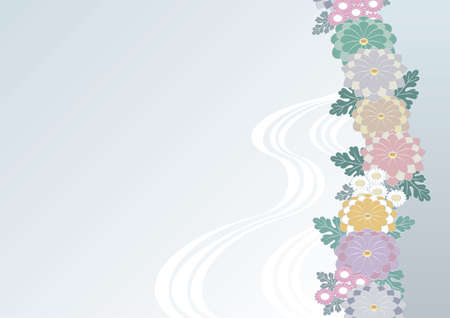 Japanese style background material with chrysanthemum flowers and running water patternのイラスト素材