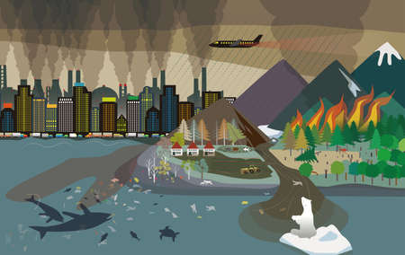 Vector illustration of the image of the natural environment destroyed by global warming in urban and rural areasのイラスト素材